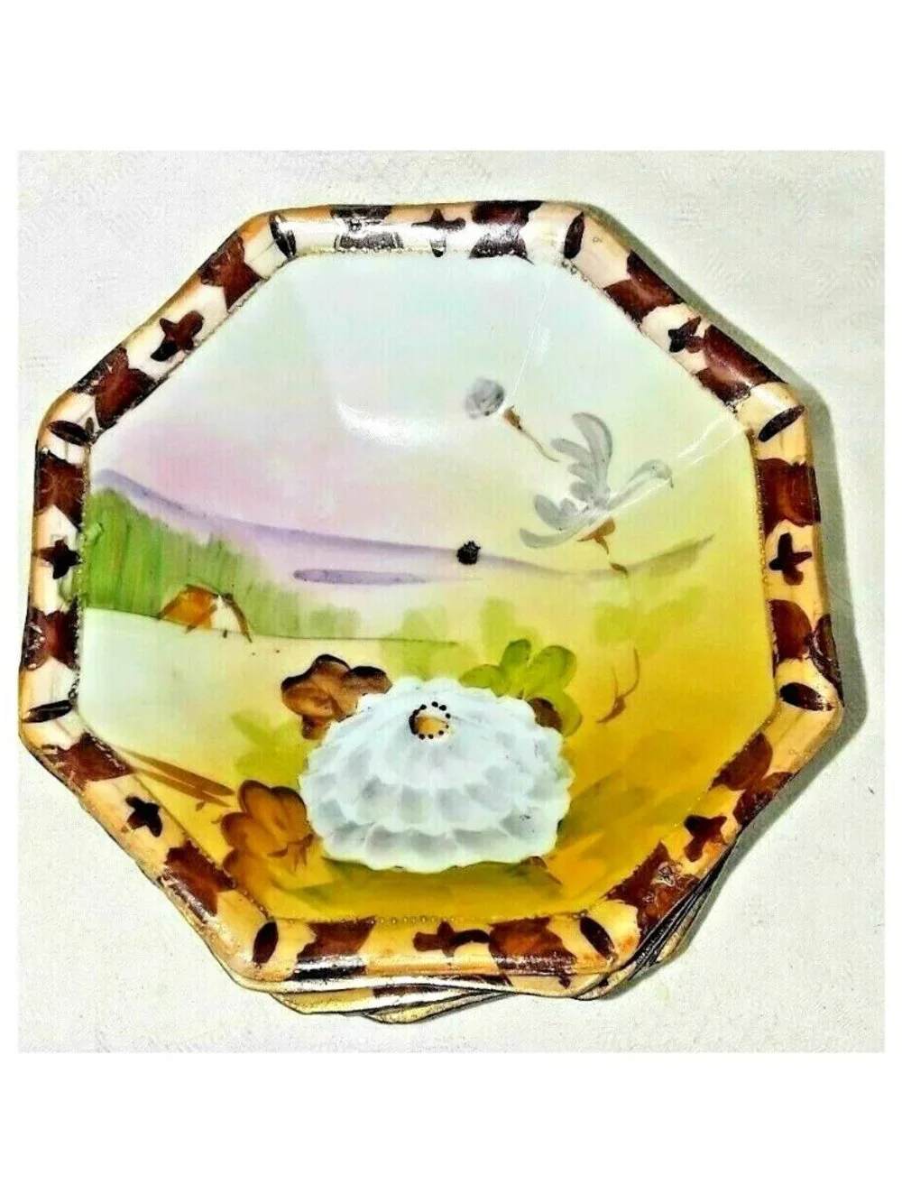Antique Nippon Japan Small Bowls Hand Painted Floral Landscape Octagon Set/5